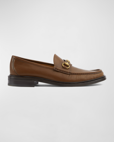 Gucci Men's Roos Leather Bit Loafers In Brown