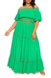 BUXOM COUTURE BUXOM COUTURE SMOCKED OFF THE SHOULDER PUFF SLEEVE TOP & MAXI SKIRT SET