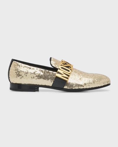 Moschino Logo-plaque Sequin Leather Loafers In Platinum
