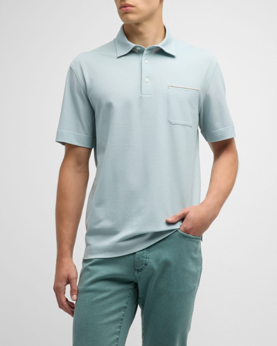 Zegna Men's Pocket Polo Shirt In Ice Blue