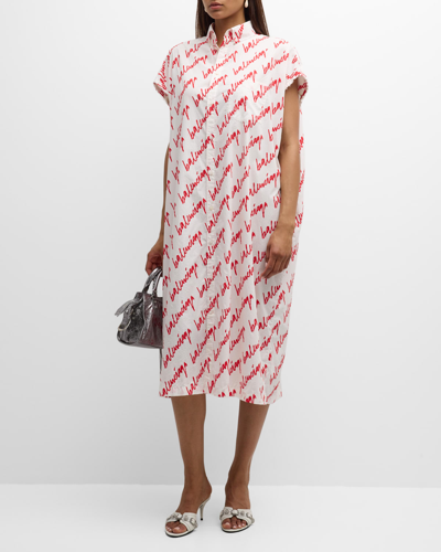 Balenciaga Allover Logo Printed Shirt Dress In 9783 White/red