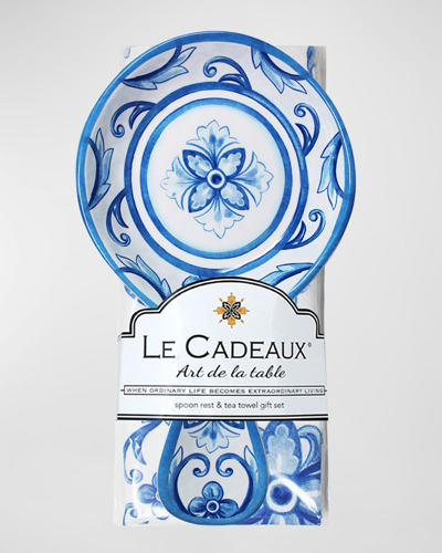 Le Cadeaux Mallorca Spoon Rest With Matching Tea Towel Gift Set In Blue, White