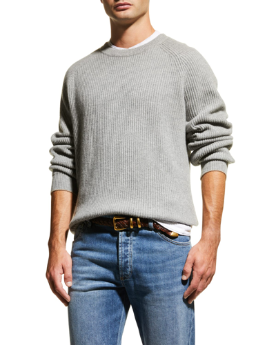 Brunello Cucinelli Men's Raglan Sleeve Ribbed Crewneck Sweater In Grey