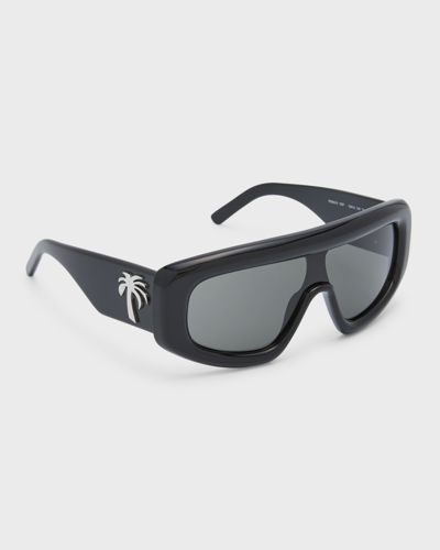 Palm Angels Men's Casablanca Studded Rectangle Logo Sunglasses In 6464 Black Dark G