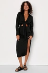 Lulus Long Story Shirt Black Long Sleeve Tie-front Midi Dress In Black