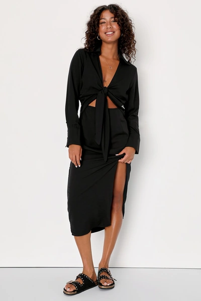 Lulus Long Story Shirt Black Long Sleeve Tie-front Midi Dress
