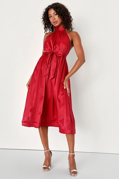 Lulus Effortless Grace Wine Red Organza Halter Midi Dress