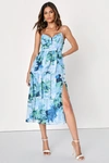 Lulus Beautiful Vibes Light Blue Floral Bustier Tiered Midi Dress In Light Blue