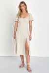 Lulus Endearing Darling Beige Linen Puff Sleeve Midi Dress In Beige
