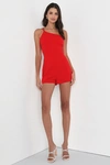 LULUS VAMP UP YOUR STYLE RED ONE-SHOULDER SLEEVELESS ROMPER