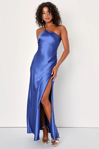 Lulus Flirtatious Evenings Blue Satin Asymmetrical Backless Maxi Dress