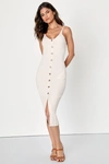 Lulus Confident Charisma Beige Ribbed Button-front Midi Dress In Beige