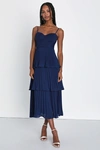 Lulus Cascading Crush Navy Blue Tiered Bustier Midi Dress In Navy Blue