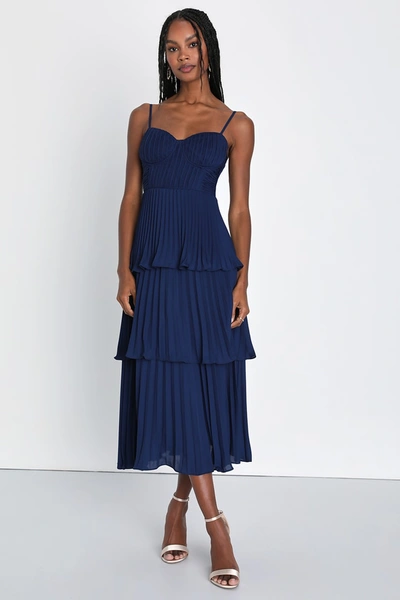 Lulus Cascading Crush Navy Blue Tiered Bustier Midi Dress
