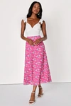 LULUS SIMPLE HAPPINESS HOT PINK FLORAL PRINT HIGH-RISE MIDI SKIRT