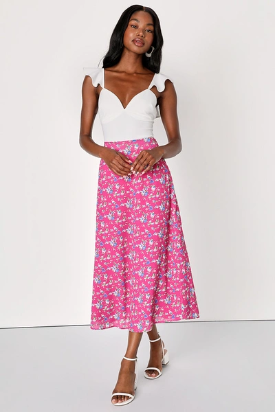 Lulus Simple Happiness Hot Pink Floral Print High-rise Midi Skirt