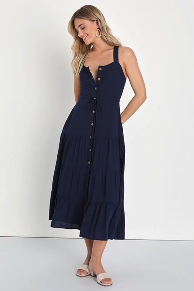 Lulus See The City Navy Blue Button-front Tiered Midi Dress