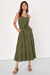 Lulus See The City Olive Green Button-front Tiered Midi Dress In Olive Green