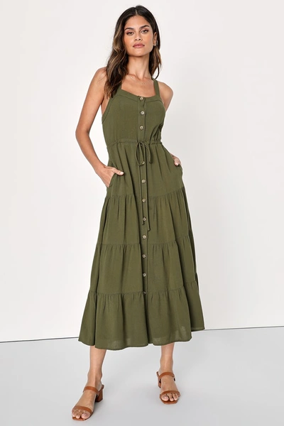 Lulus See The City Olive Green Button-front Tiered Midi Dress