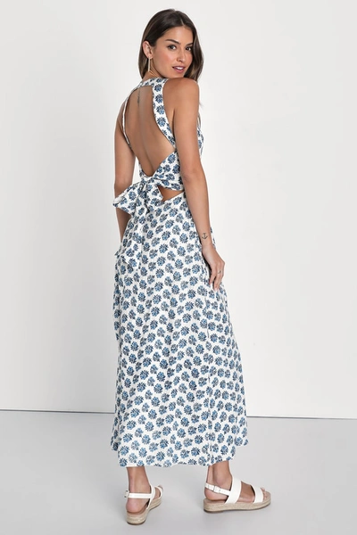 Lulus Flirty Fave Ivory Floral Print Tie-back Midi Dress