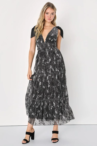 Lulus Guest List Gorgeous Black Floral Lurex Tie-strap Maxi Dress