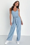 Lulus Breezy Saturday Blue Chambray Button-front Wide Leg Jumpsuit In Blue