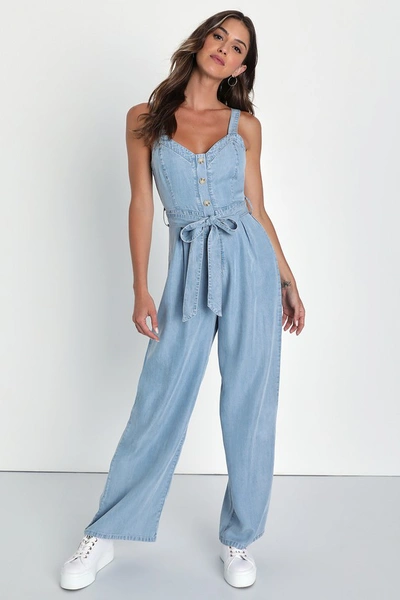 Lulus Breezy Saturday Blue Chambray Button-front Wide Leg Jumpsuit