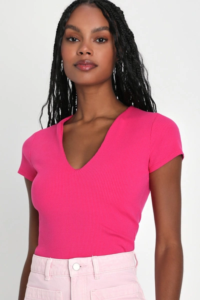 Lulus Simply The Vibe Magenta Ribbed Notched Short Sleeve Top