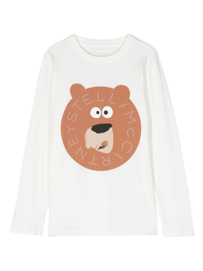 Stella Mccartney Kids' Bear-print Long-sleeve T-shirt In Bianco