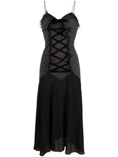 Alessandra Rich Pinstripe Lace-up Midi Dress In Dark Grey
