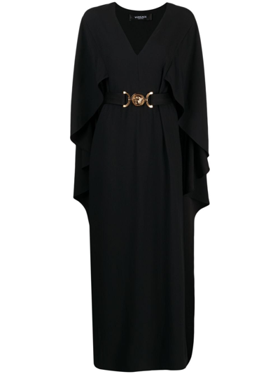 Versace V-neck Belted Long Dress In Black
