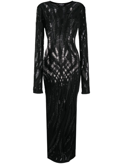 Versace Knitted Embroidered Long-sleeve Dress In Black