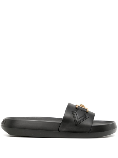 Versace Medusa-plaque Embellished Slides In Black