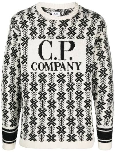 C.p. Company Intarsia-knit Logo Virgin-wool Sweater In Bianco