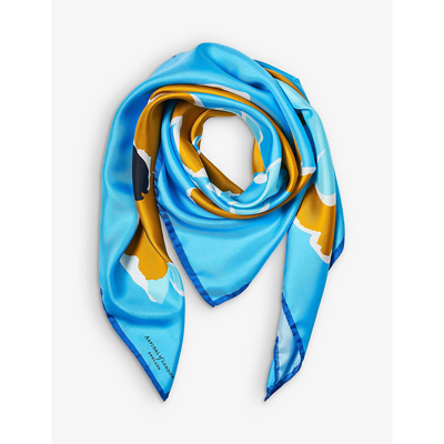 Aspinal Of London Womens Poolblue Abstract Floral-print Silk-twill Scarf
