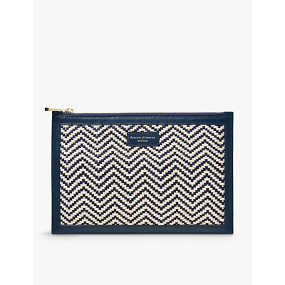 Aspinal Of London Womens Navy Essential Large Logo-print Raffia And Leather Pouch