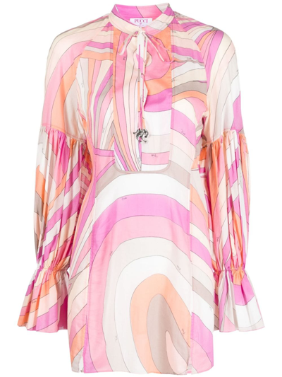 Pucci Marmo-print Long-sleeve Cotton Minidress In Pink
