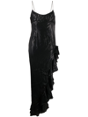 Alessandra Rich Asymmetric Ruffled Silk-satin Midi Dress In Black