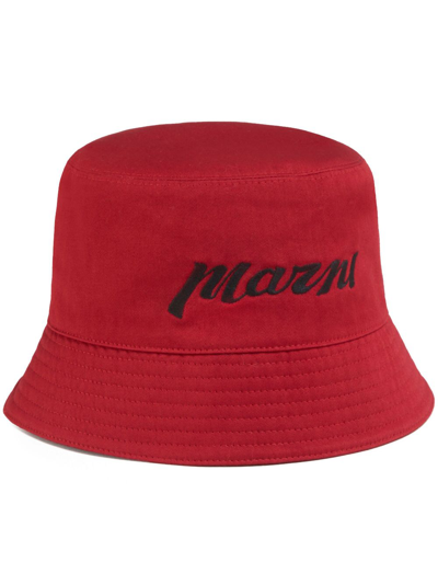Marni Logo-embroidered Cotton Bucket Hat In Red