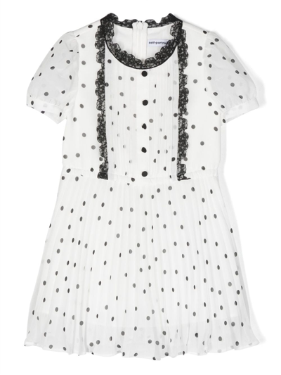 Self-portrait Kids' Polka-dot Print Pleated Flared Dress In White