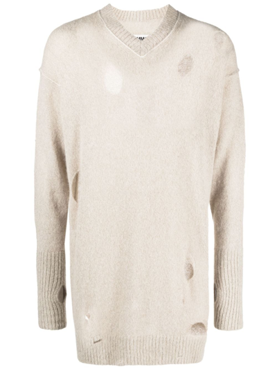 Mm6 Maison Margiela Distressed Knitted Dress In Neutrals