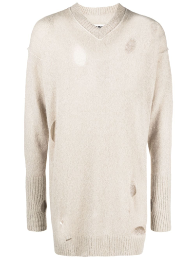 Mm6 Maison Margiela Distressed Knitted Dress In Beige