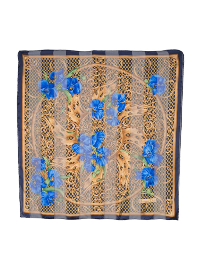 Pre-owned Dior 1990s  Floral Chain-print Silk Scarf In Navy Multi