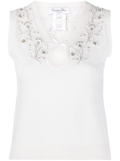 Pre-owned Dior 2000s  Floral Embroidery Knitted Top In Neutrals