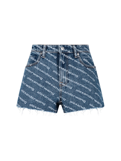 Alexander Wang Denim Shorts With All Over Logo In Blue