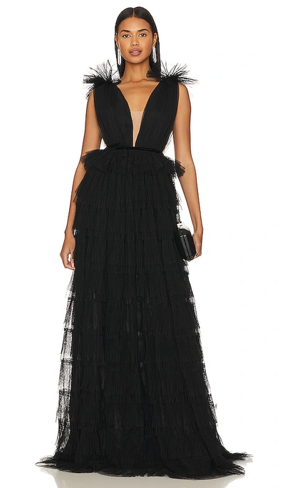 Sau Lee Sabrina Sleevless Plunge Mesh Gown In Black