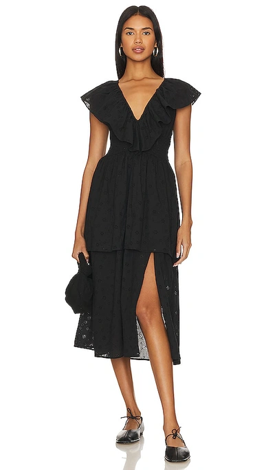 Weworewhat Slit Front Eyelet Ruffle Midi Dress In Black