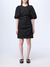 Ganni Patterned Floral-print Short Puff-sleeves Dress In Black
