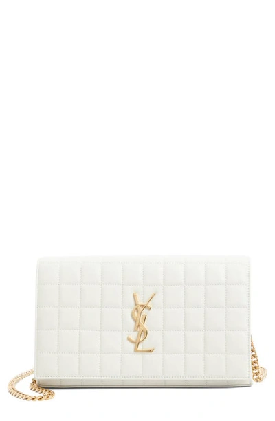 Saint Laurent Cassandre Quilted Leather Wallet On A Chain In Blanc Vintage