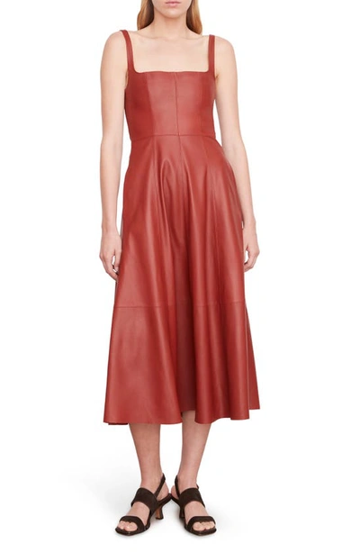 Vince Square-neck Leather Midi Apron Dress In Red Dahlia